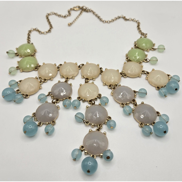 Statement Necklace Chunky Pastel Beaded Goldtone Runway Maximalist Cocktail Glam - Picture 12 of 13